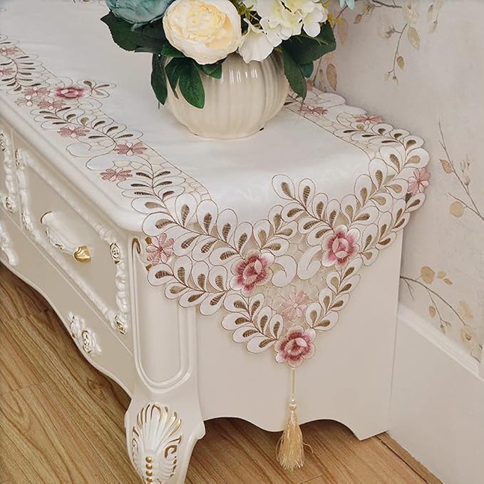 Classic Flowers Dining Table Runner Embroidery Tassel Floral Lace Table Runners - Image 7