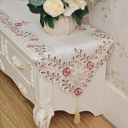 Classic Flowers Dining Table Runner Embroidery Tassel Floral Lace Table Runners - Image 7