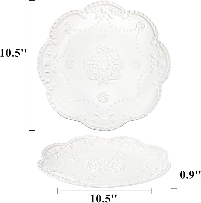 Tebery Set of 4 Ceramic Dinner Plate, 10.5 Inch Large Embossed Lace Salad - Image 2