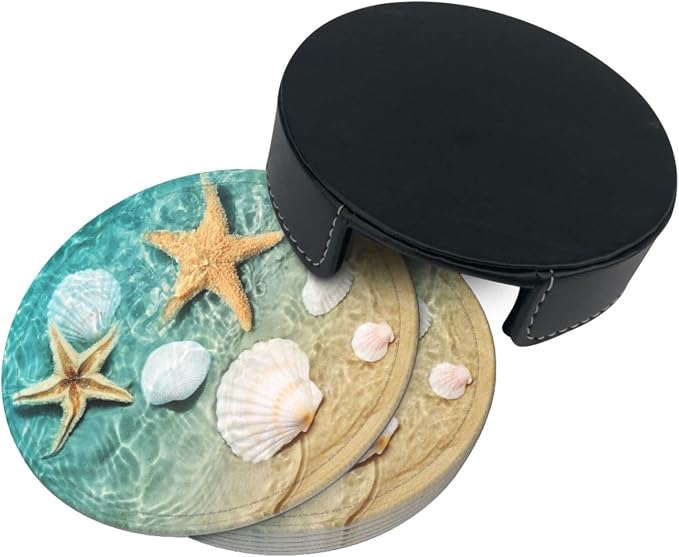 6 Pcs Starfish and Seashell On The Summer Beach in Sea Water. Leather Coasters - Image 4