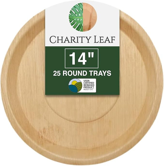 Charity Leaf Disposable Palm Leaf 14" Round Trays (25 pieces) Bamboo Like Serving Platters, Disposable Boards, Eco-Friendly Dinnerware For Weddings, Catering, Events