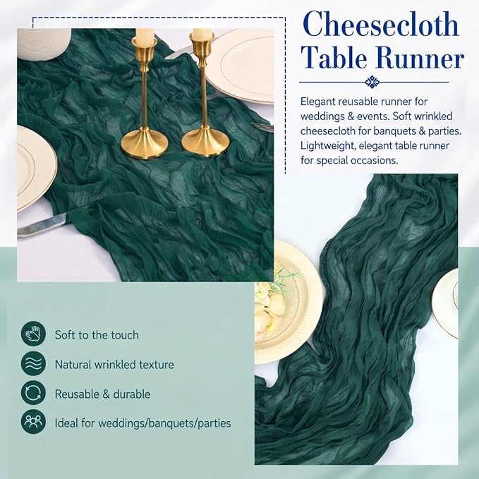 2 Pack Emerald Green Cheesecloth Table Runner 17x108 Inch Boho Rustic Semi - Image 5