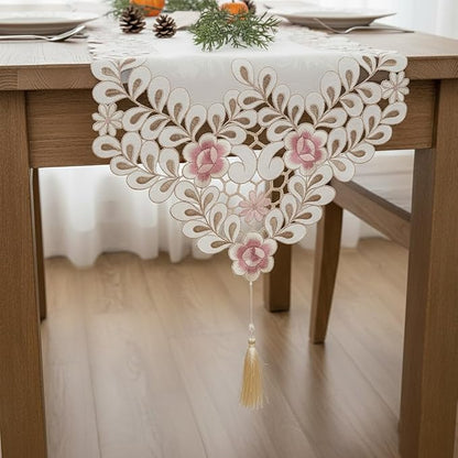 Classic Flowers Dining Table Runner Embroidery Tassel Floral Lace Table Runners - Image 4