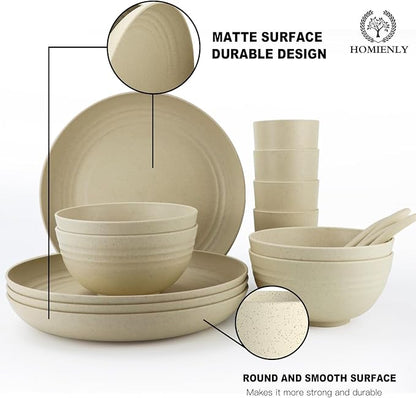 Homienly Wheat Straw Dinnerware Sets, 20pcs Lightweight Unbreakable Dinnerware, Microwave Dishwasher Safe Bowls Cups Forks Spoons set,Perfect for Camping Outdoor, Beige