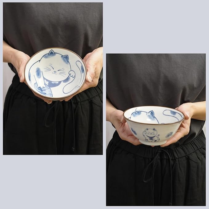 Mino Ware Cat-Design Rice Bowl & Wakasa-Nuri Wooden Chopsticks Pair Set - Image 4