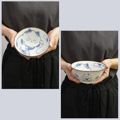 Mino Ware Cat-Design Rice Bowl & Wakasa-Nuri Wooden Chopsticks Pair Set - Image 4