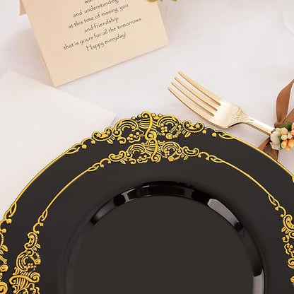 Hioasis 350pcs Black and Gold Plates - Black Party Plates for 50 Guest, Include 100 Heavy-duty Plates(20% Thicker Than Standard), 50 Pre Rolled Gold Plastic Silverware Set, 50 Cups