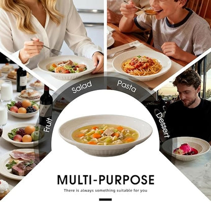 Wide Rim Soup Bowls, 11oz Small Capacity Rimmed Pasta Bowls Set of 4, 8 Inch Ceramic Salad Bowl, Shallow Plates, Elegant Dinner Cereal Serving - Microwave Dishwasher Oven Safe - Beige
