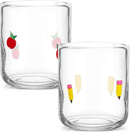 SiliFine 2 Pcs Pencil & Apple Icon Juice Glasses, 14oz Stemless Wine Drinking - Image 2