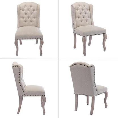 chairus Tufted Parsons Dining Chairs Set of 4, French Country Upholstered Dining Room Chairs with Nailhead Trim & Curved Wood Legs, Farmhouse High Back Armless Side Kitchen Chairs, Beige Linen