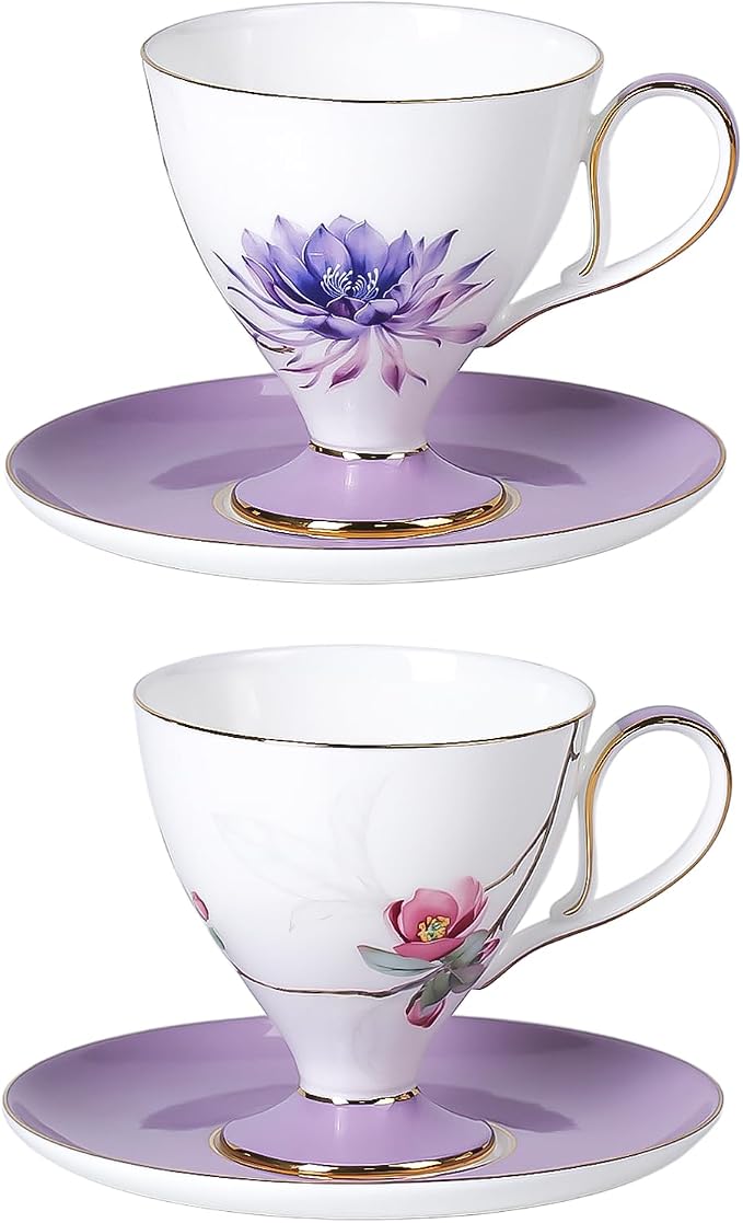 KAMMAK Tea Cups Set of 2, Ceramic Floral Pattern Demitasse Cup | Porcelain by KAMMAK