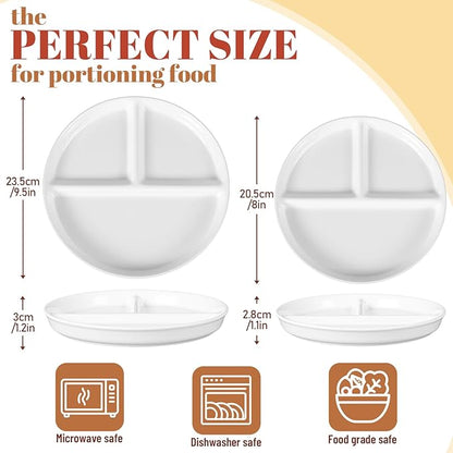 Lounsweer Set of 4 Pcs Portion Control Plate Ceramic Divided Bariatric Plates 3 Compartment Reusable Dinner Plates for Weight Loss Balanced Meal (9.5 Inch)