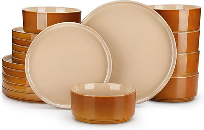 vancasso ONION Ceramic Plates and Bowls Sets, 18 Pieces Brown Dinnerware Sets by vancasso