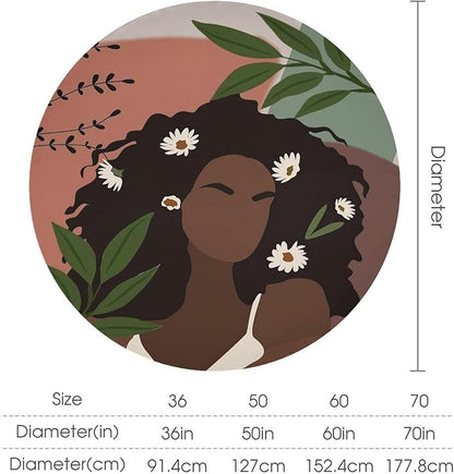 Bohemian Retro Mid Century Round Tablecloth, African Woman Girl Leaves Flower Tablecloth for Home Party Dining Room Kitchen Decor 60Inch(152cm)