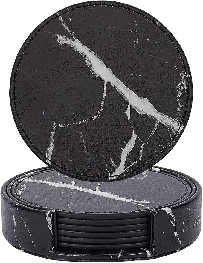 6PCS 4 Inch Black Marble PU Leather Round Cup Holders Coasters - Image 6