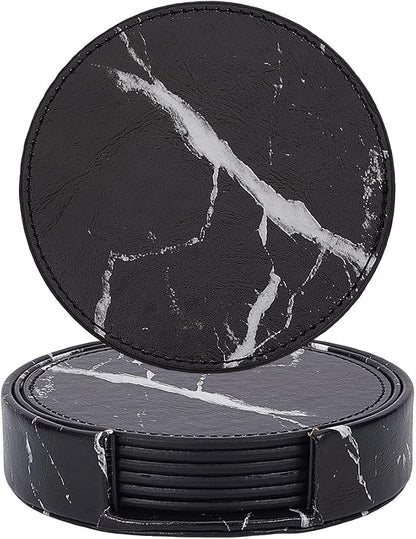 6PCS 4 Inch Black Marble PU Leather Round Cup Holders Coasters - Image 6