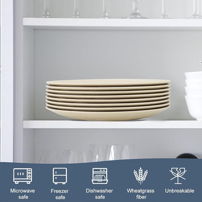 Homiely Dinner Plates Set of 8 - Wheat Straw, Microwave & Dishwasher Safe, Unbreakable, Kids Plates with Pattern (Beige, 9 inch)/Product of Alternative to Plastic