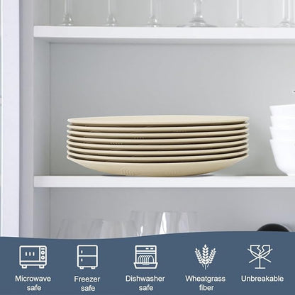 Wheat Straw Dinner Plates Set of 8 - Alternative to Plastic - Microwave & Dishwasher Safe - Unbreakable - For Kitchen, Camping, Salad, Appetizer (Beige, 10 inch)