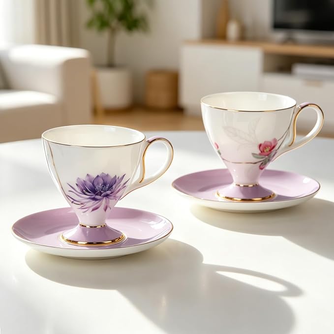 KAMMAK Tea Cups Set of 2, Ceramic Floral Pattern Demitasse Cup | Porcelain - Image 6