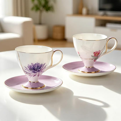 KAMMAK Tea Cups Set of 2, Ceramic Floral Pattern Demitasse Cup | Porcelain - Image 6