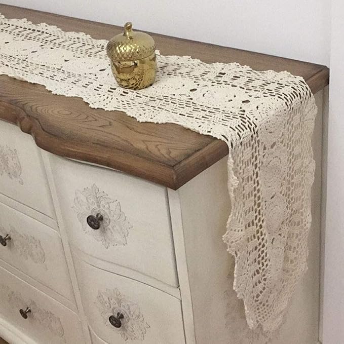 Cotton Handmade Crochet Lace Table Runner Olive Green 12x60 Inch | Oval - Image 6