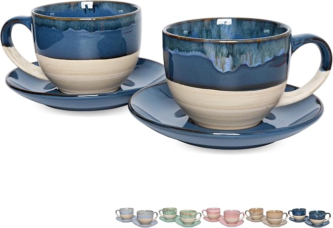 Bosmarlin Ceramic Cappuccino Cup and Saucer Set of 2, 10 Oz, Coffee Cups by Bosmarlin