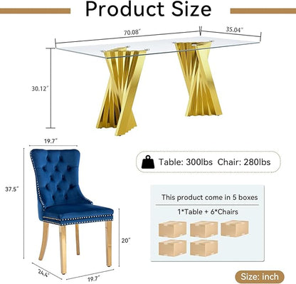 9 Piece Glass Dining Table Set,70" Dinner Room Glass Table Set for 8,Modern Kitchen Dinner Table Set with Stainless Steel Base and 8 Upholstered Velvet Dining Chairs for Living Dining Room