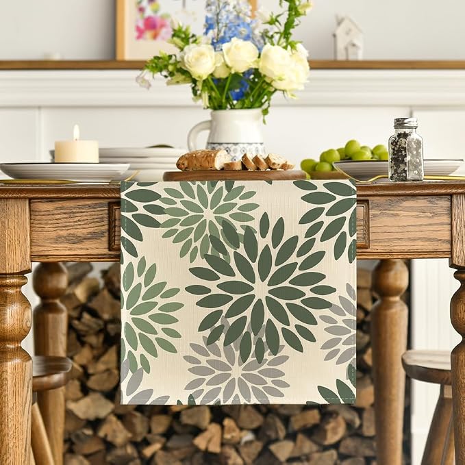 Artoid Mode Green Dahlia Aqua Floral Pinnata Flower Table Runner, Seasonal - Image 2