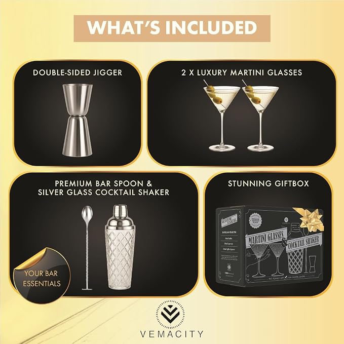 VEMACITY Silver Cocktail Shaker Set + 2 Ribbed Martini Glasses & Bar Tools | - Image 2