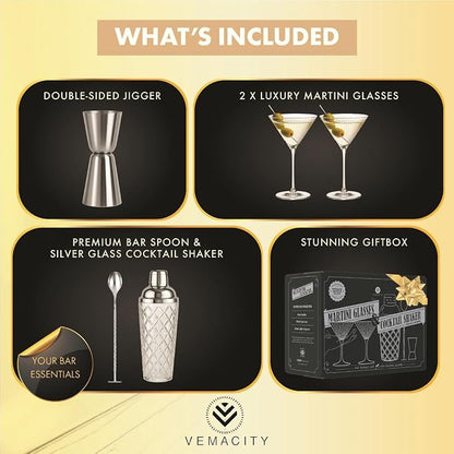 VEMACITY Silver Cocktail Shaker Set + 2 Ribbed Martini Glasses & Bar Tools | - Image 2