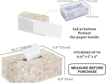 PEMAR Rectangular Mother of Pearl Lacquer Nacre Inlay Wood Tissue Box, Handmade Rectangle Tissue Box Cover Holder Decorative Napkin Dispenser Organizer Rustic Farmhouse Vintage Decor (White Sand)