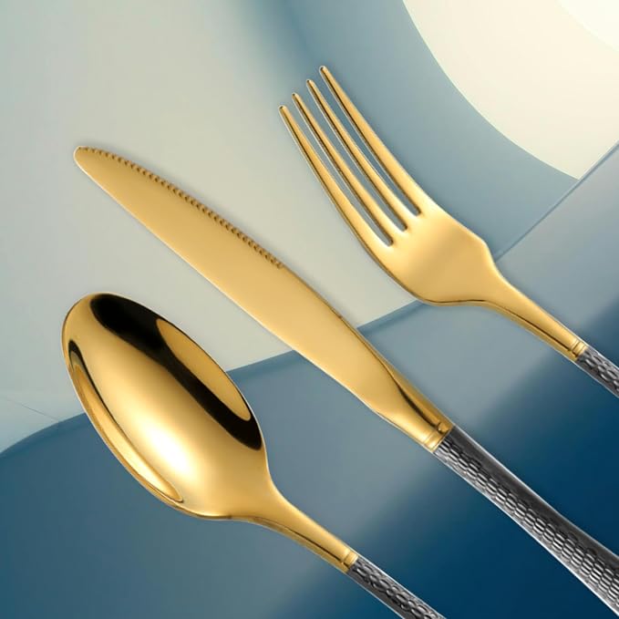 Hammered Black Gold Silverware Set, 20 Piece Modern Flatware Set Service - Image 3