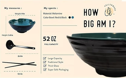 4 XL Ramen bowl set, 12 Pieces Pho Bowls Set, Asian Japanese soup with Spoons and Chopsticks. Restaurant Quality Melamine, 52 oz for Noodles, Udon, Thai, Chinese dinnerware (Green Black, 9 inch x4)
