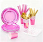 Iridescent Pink Party Supplies, Holographic Paper Plates and Napkins Set, Rainbow Disposable Paper Plates Cups Knives Spoons Fork Straw for Birthday Wedding Party Serve 25 (Pink)