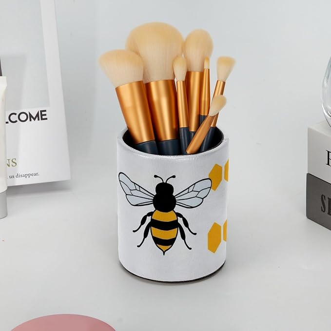 Leather Pen Holder for Desk, Cartoon Bee Pencil Cup Pen Organizer Makeup Brush - Image 6