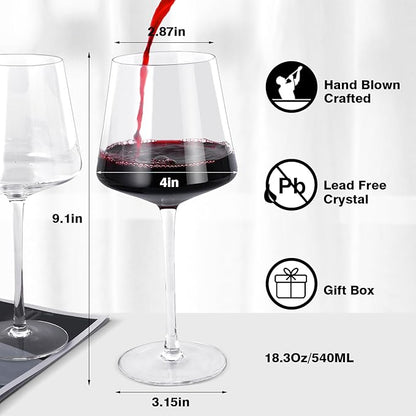 Wine Glasses Set of 4- Hand Blown Crystal, 18 oz Modern Glasses with Tall Stem for Red White Wine, Great Gift Packaging for Daily Use,Unique Wedding Anniversary or Birthday Gift