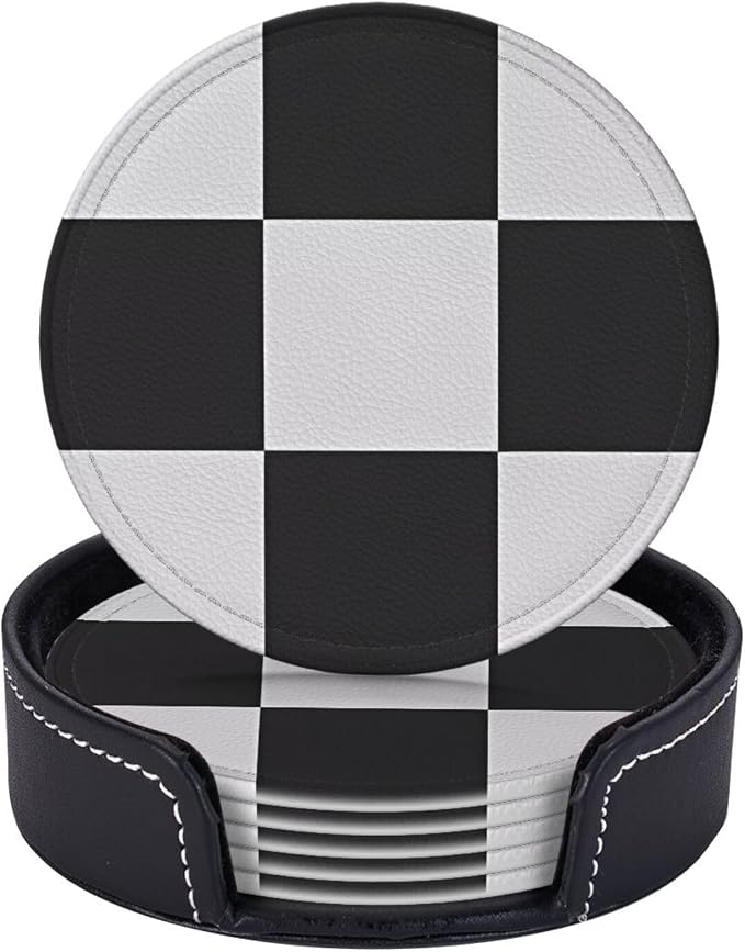6 Pcs Black and White Checker Leather Coasters by Jfniub