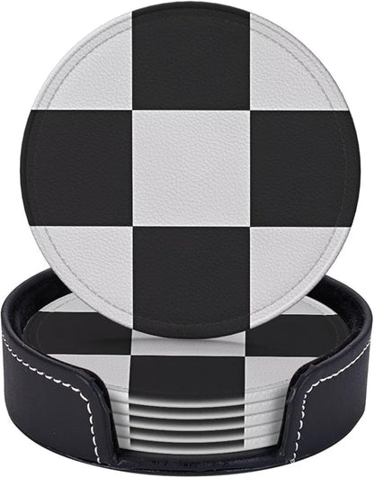 6 Pcs Black and White Checker Leather Coasters by Jfniub