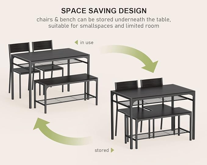 Gizoon Kitchen Table and 2 Chairs for 4 with Bench, 4 Piece Dining Table Set for Small Space, Apartment