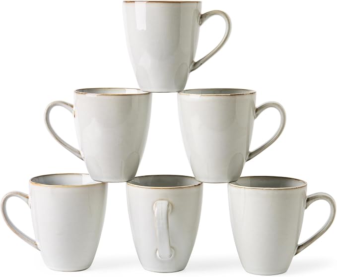 MONITO 17oz Ceramic Coffee Mugs Set of 6, Vintage White Mugs by MONITO