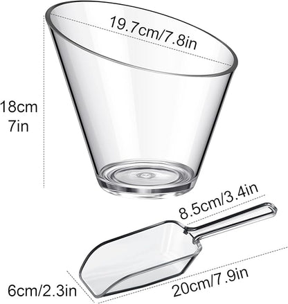 Sawysine 12 Pcs Acrylic Clear Serving Bowls with Plastic Kitchen Scoops Salad Serving Bowls Popcorn Scoops Angled Candy Bowl for Salad Cooking Parties(1.8 L)