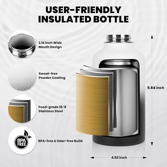 RAYMYLO Insulated Water Bottle 64 oz, Triple Wall Vacuum Stainless Steel | - Image 5