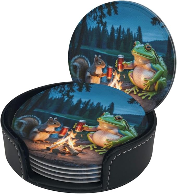 Happy Camper Frog Coasters for Drinks Set of 6, Round Leather Coaster - Image 3
