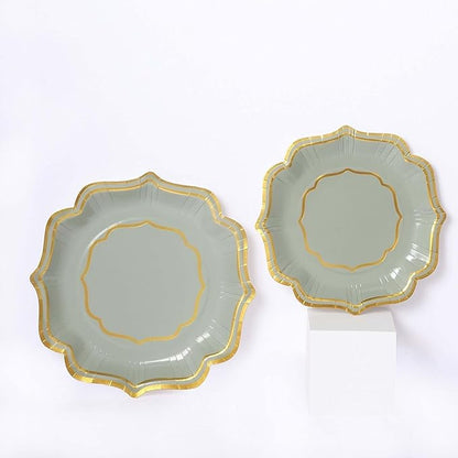 50 Pack 10" Sage Green/Gold Scallop Rim Dinner Plates, Disposable Round Paper Party Plates 300 GSM for Festive Table Decoration