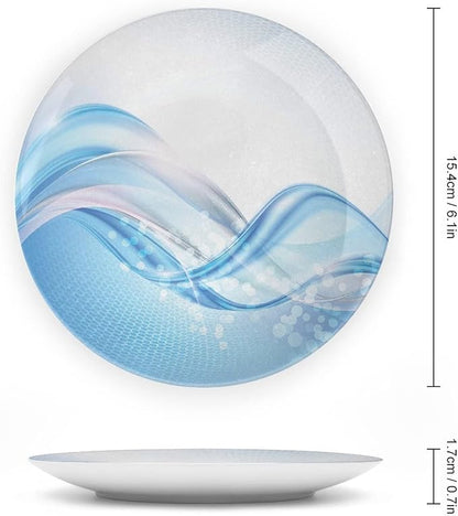 Decorative Plates, Abstract Print Ornament, Modern Wavy Ocean Surfer Summertime Themed, 7 Inch, 1 Plate with 1 Display Stand, Pale Blue and White