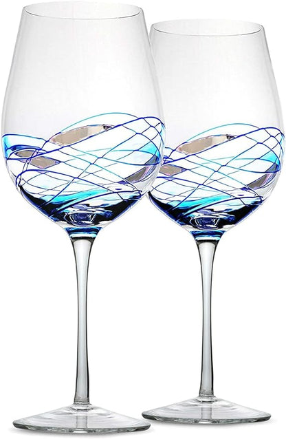 Bezrat Wine Glasses Hand Painted - Set of 2 - Women Wine Gift - Wine Lover Glass - Beautiful Glassware Gifts Ideas for Women Inspired by 'Duomo di Milano' Mothers Day - 14 oz (Blue)