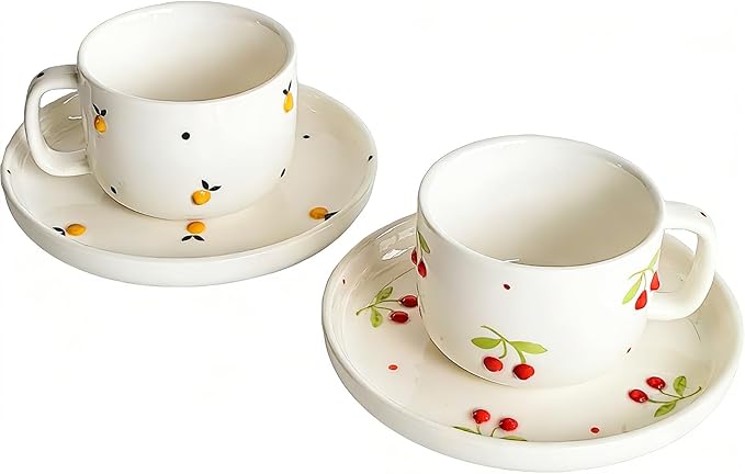 Ceramic Coffee Mug Set of 2, 8 oz Cherry and Lemon Design Cups by ASBEFORE