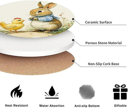 Drink Coasters for Drinks Set of 6, Vintage Easter Cute Rabbit and Eggs Absorbent Round Ceramic Stone Mat Coaster, with Cork Base and Metal Holder, Home Bar Decor House Warming Gift