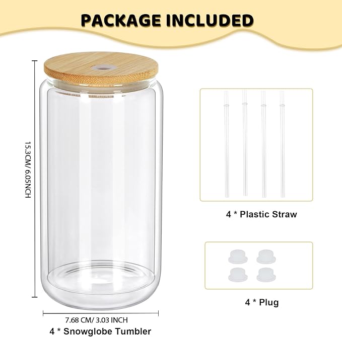 16 Oz Snow Globe Tumbler, 4 Pack Pre-Drilled Sublimation Glass Cup - Image 6