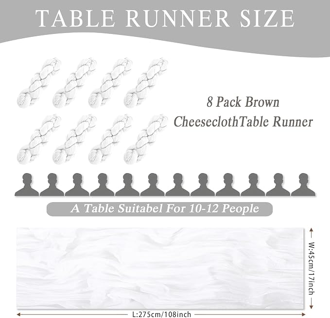 8 Pack White Cheesecloth Table Runner 17x108 inch Boho Gauze Cheese Cloth Table - Image 3